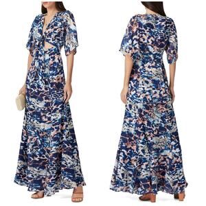 Hutch Chiara Maxi Dress Size XL Blue Floral Cut Out Tie Front Short Sleeves Chic